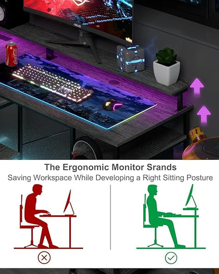 55 inch Gaming Desk with LED Lights, Computer Desk with Power Outlets, Monitor Stand, Storage Shelf, Headphone Hook, Home Office Desk Corner Desk - LeafyLoom