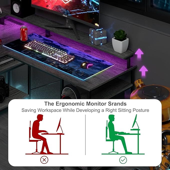 55 inch Gaming Desk with LED Lights, Computer Desk with Power Outlets, Monitor Stand, Storage Shelf, Headphone Hook, Home Office Desk Corner Desk - LeafyLoom