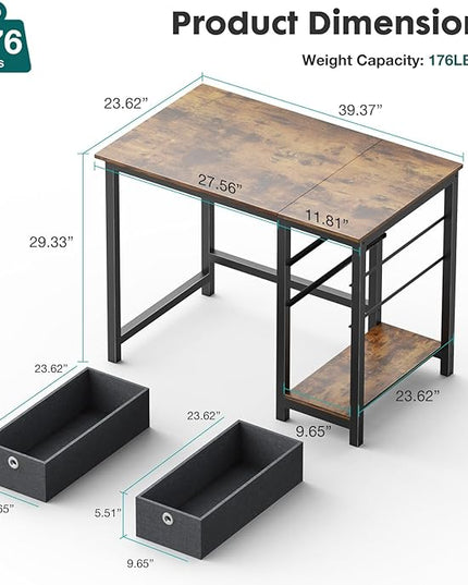 SMUG Computer Desk with Storage Drawers, 40 Inch Small Office Desk Modern Simple Workstation Study Writing Table for Home Bedroom, Rustic Brown - LeafyLoom