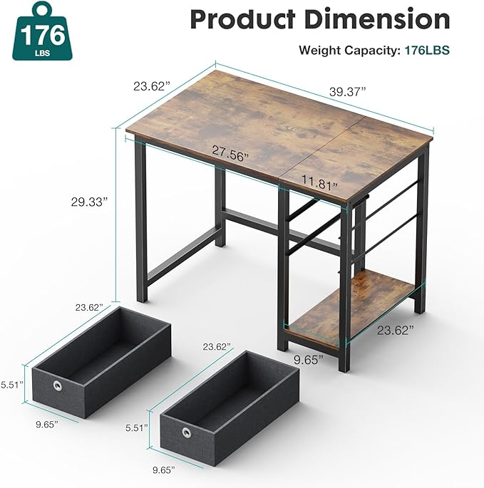 SMUG Computer Desk with Storage Drawers, 40 Inch Small Office Desk Modern Simple Workstation Study Writing Table for Home Bedroom, Rustic Brown - LeafyLoom