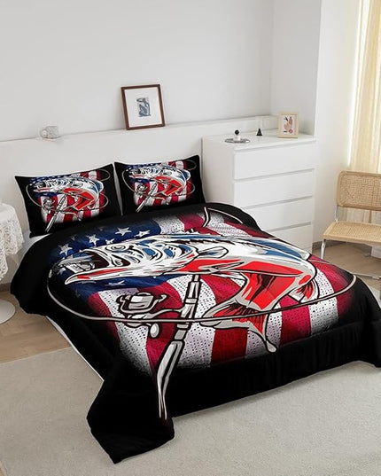 American Flag Comforter Set Farmhouse Fishing Bedding Set for Kids Boys Girls Teens Room Wild Fish Decor Comforter Red Blue Stripe Quilted Set 3Pcs Queen Size - LeafyLoom