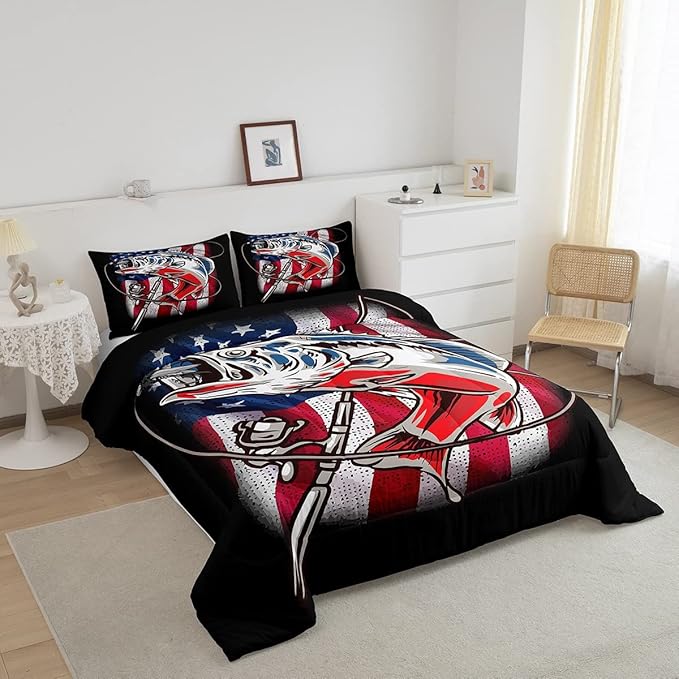 American Flag Comforter Set Farmhouse Fishing Bedding Set for Kids Boys Girls Teens Room Wild Fish Decor Comforter Red Blue Stripe Quilted Set 3Pcs Queen Size - LeafyLoom