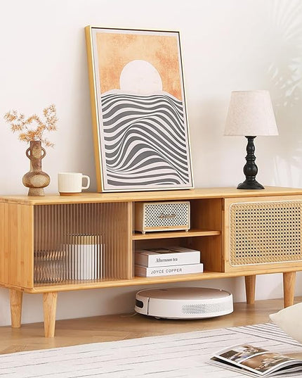 Tiita Rattan TV Stand for 55 Inch TV, Bamboo TV Cabinet with Adjustable Shelf and Storage, Boho Entertainment Center, Mid Century Modern Media Console for Bedroom, Living Room, Study (Natural) - LeafyLoom