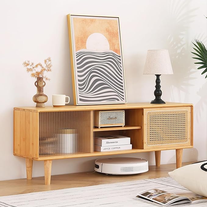Tiita Rattan TV Stand for 55 Inch TV, Bamboo TV Cabinet with Adjustable Shelf and Storage, Boho Entertainment Center, Mid Century Modern Media Console for Bedroom, Living Room, Study (Natural) - LeafyLoom