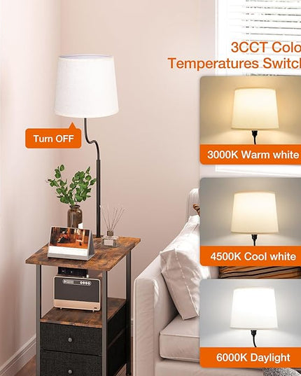 addlon Floor Lamp with Side Table, Nightstand with Charging Station, 3 Color Temperatures 9W LED Bulb, Floor Lamps for Living Room, Bedroom, Storage End Tables Living Room - Vintage - LeafyLoom