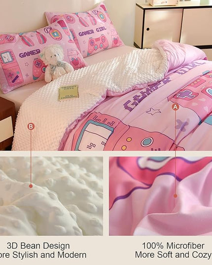 Video Game Queen Size Comforter Set for Girls Kids Teens 3D Gaming Controller Pattern Gamepad Print Bedding Set- 3 Piece Pink Quilt with 2 Pillowcases (90"x90") - LeafyLoom