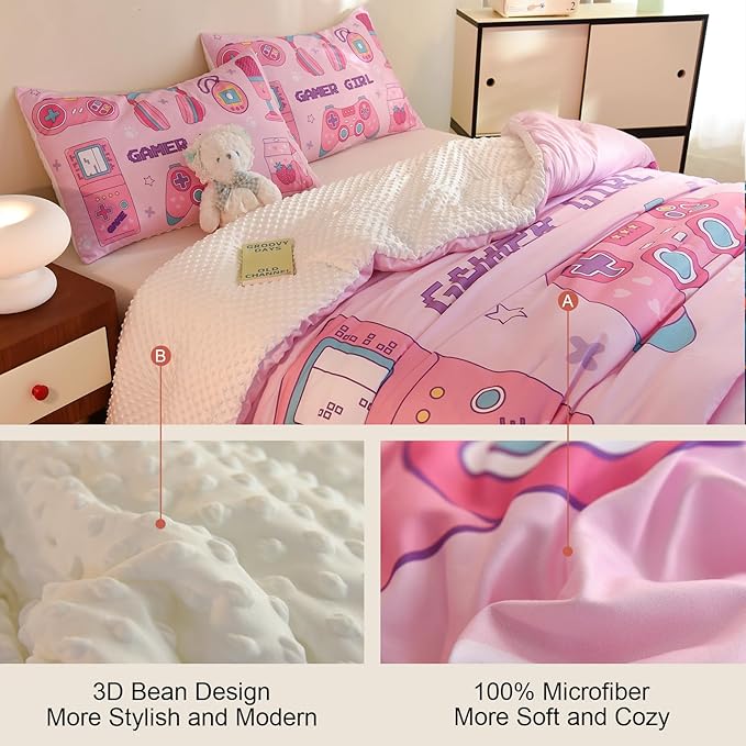 Video Game Queen Size Comforter Set for Girls Kids Teens 3D Gaming Controller Pattern Gamepad Print Bedding Set- 3 Piece Pink Quilt with 2 Pillowcases (90"x90") - LeafyLoom