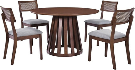 5-Piece Retro Vintage Style Wooden Round Dining Table Set with 4 Upholstered Chairs with Rattan Backrests for Kitchen, Breakfast Nook, Living Room, Walnut, 47.2" L x 47.2" W x 29.9" H - LeafyLoom