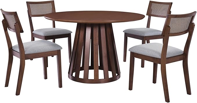 5-Piece Retro Vintage Style Wooden Round Dining Table Set with 4 Upholstered Chairs with Rattan Backrests for Kitchen, Breakfast Nook, Living Room, Walnut, 47.2" L x 47.2" W x 29.9" H - LeafyLoom