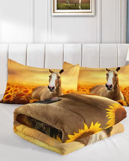 Horse Comforter King Size,Sunflower Horse Comforter Set for Kids Teens Girls Boys,3Pcs Bedding Set Printed Comforter with 2 Pillowcases,Soft and Lightweight，King Size - LeafyLoom