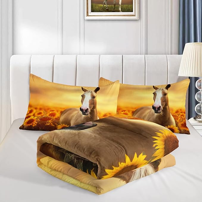 Horse Comforter King Size,Sunflower Horse Comforter Set for Kids Teens Girls Boys,3Pcs Bedding Set Printed Comforter with 2 Pillowcases,Soft and Lightweight，King Size - LeafyLoom