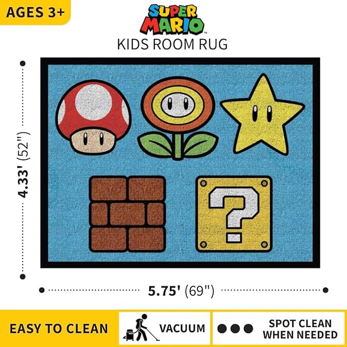 Franco Super Mario Kids Room Non Slip Area Rug, 69 in x 52 in, (Official Licensed Product) - LeafyLoom