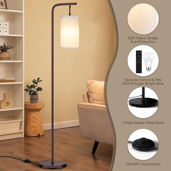 Floor Lamp for Living Room, 9W LED Bulb, Remote Custom Color Temperature & Brightness, Standing Lamps for Bedroom Office Kid Room, Browm - LeafyLoom
