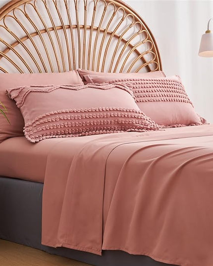 KAKIJUMN Blush Pink Tufted Comforter Set King Size 7 Piece Bed in a Bag, Shabby Chic Boho Comforter and Sheet Set, All Season Soft Microfiber Complete Bedding Set(Pink,King) - LeafyLoom
