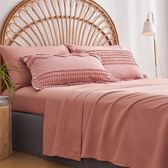 KAKIJUMN Blush Pink Tufted Comforter Set King Size 7 Piece Bed in a Bag, Shabby Chic Boho Comforter and Sheet Set, All Season Soft Microfiber Complete Bedding Set(Pink,King) - LeafyLoom