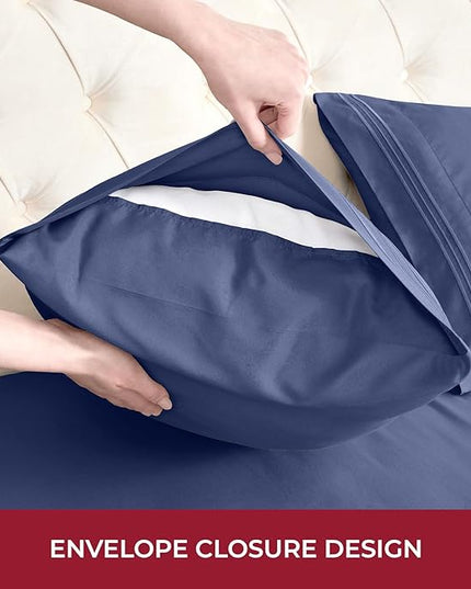 Mellanni RV Short Queen Sheets - 4 PC Iconic Collection Bedding Sheets & Pillowcases - Hotel Luxury, Extra Soft, Cooling Bed Sheets - Deep Pocket up to 10 inch (RV/Short Queen, Blue Nova) - LeafyLoom