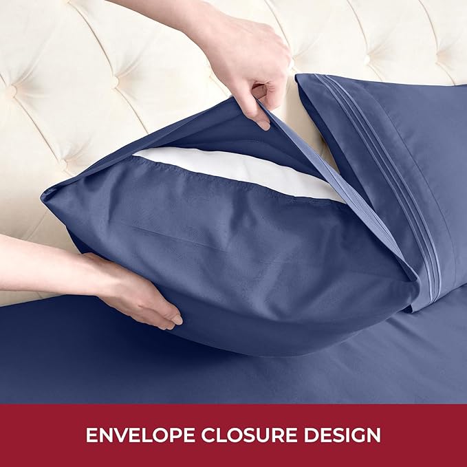 Mellanni RV Short Queen Sheets - 4 PC Iconic Collection Bedding Sheets & Pillowcases - Hotel Luxury, Extra Soft, Cooling Bed Sheets - Deep Pocket up to 10 inch (RV/Short Queen, Blue Nova) - LeafyLoom