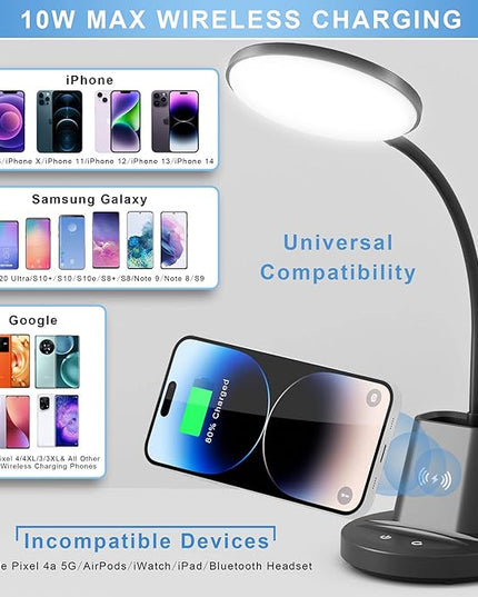 Sailstar Desk Lamp, Desk Lamps for Home Office with Wireless Charger & Pen Holder, 800 Lumens Gooseneck 3 Modes Dimmable Touch Circular LED Desk Light, Small Desk Lamp for College Dorm Room, Black - LeafyLoom