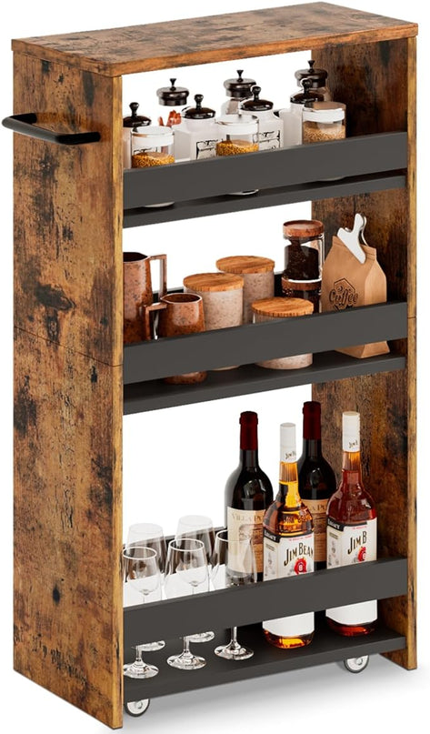 MARTY Rolling Cart 7.9" Width, 4-Tier Utility Carts with Wheels Handle, Slim Kitchen Storage Cart for Bathroom Laundry Room Organization Narrow Places (Rustic Brown) - LeafyLoom