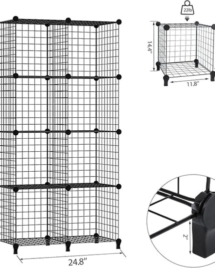 Wolizom Wire Cube Storage, Metal Grids Shelves Bookshelf, Stackable Modular Shelving Organizer, DIY Closet Bookcase Bookshelf, Grid Storage Shelf for Bedroom, Living Room, Office (Black, 8 Cube) - LeafyLoom