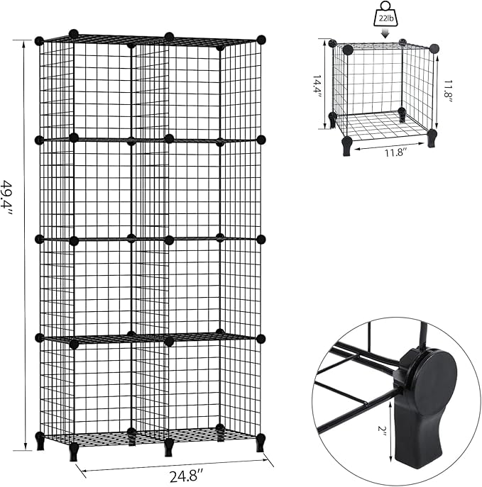 Wolizom Wire Cube Storage, Metal Grids Shelves Bookshelf, Stackable Modular Shelving Organizer, DIY Closet Bookcase Bookshelf, Grid Storage Shelf for Bedroom, Living Room, Office (Black, 8 Cube) - LeafyLoom