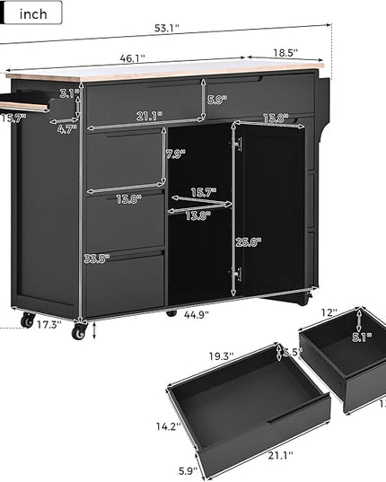 53Inch Kitchen Island Table with8 Handle-Free Drawers & Storage, Kitchen-Cart on Locking Wheels w/Rubber Wood Countertop, for Dinning Room, Coffee Bar - LeafyLoom