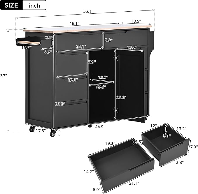 53Inch Kitchen Island Table with8 Handle-Free Drawers & Storage, Kitchen-Cart on Locking Wheels w/Rubber Wood Countertop, for Dinning Room, Coffee Bar - LeafyLoom