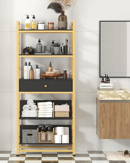 Bookshelf with Drawers- 60'' Wide Industrial Book Shelf with Bookend, 5 Tiers Tall Storage Shelves, Steel Frame Display Rack, Suitable for Bedroom, Office, Living Room-27'' Depth Black - LeafyLoom