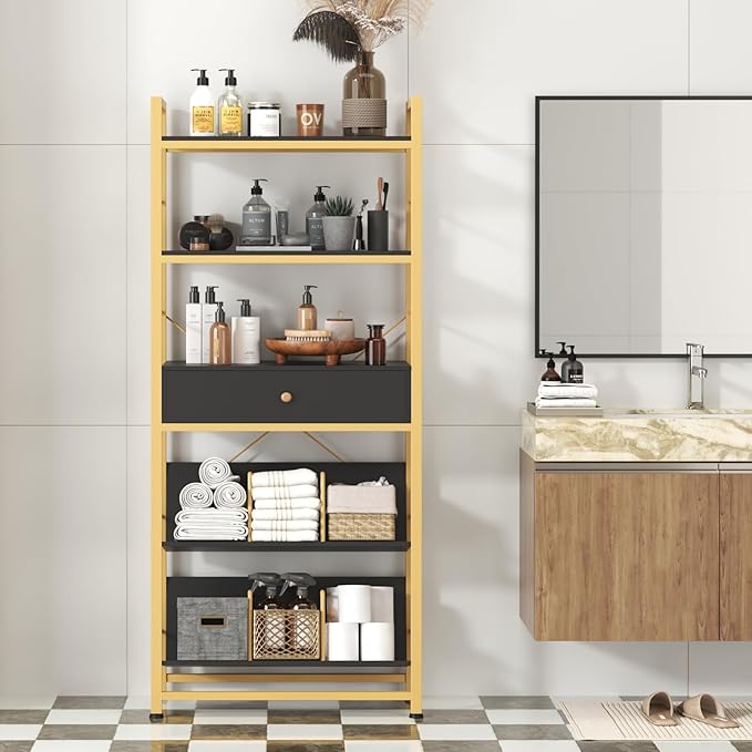 Bookshelf with Drawers- 60'' Wide Industrial Book Shelf with Bookend, 5 Tiers Tall Storage Shelves, Steel Frame Display Rack, Suitable for Bedroom, Office, Living Room-27'' Depth Black - LeafyLoom