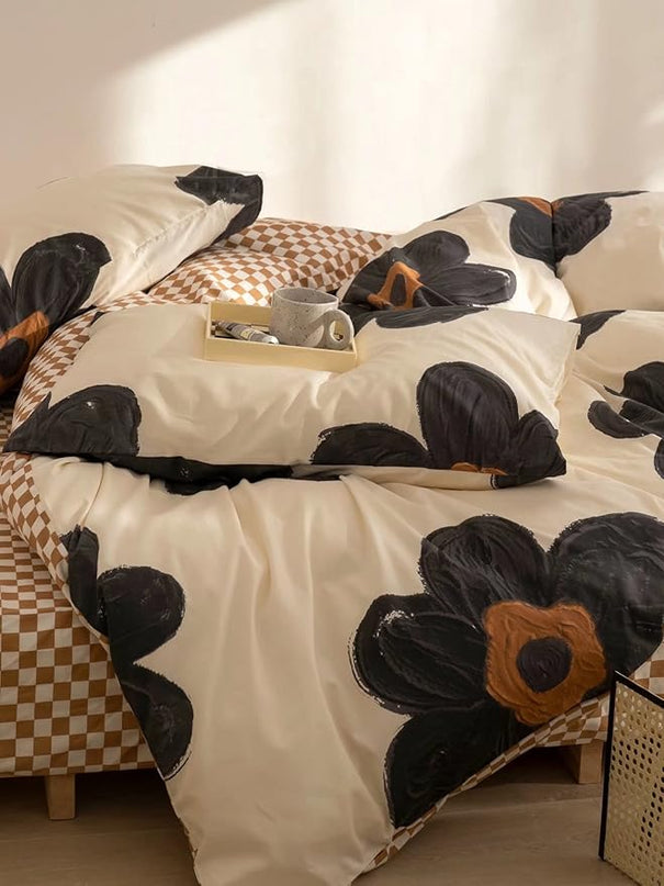 Black and White Comforter Set Black Floral Bedding Cal King Comforter Set Black Flowers Cotton Women Modern Elegant Chic Quilts Blankets Lightweight Black Flower Reversible Bed Comforter Set - LeafyLoom