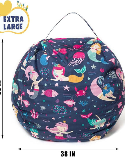 Stuffed Animal Storage Bean Bag Chair Cover, Hold Kids Plush Toys Blankets Towels Beanbag (Cover Only), Canvas Floor Circle Stuff Sit Seat Sofa with YKK Zipper, Extra Large 38", Mermaid - LeafyLoom