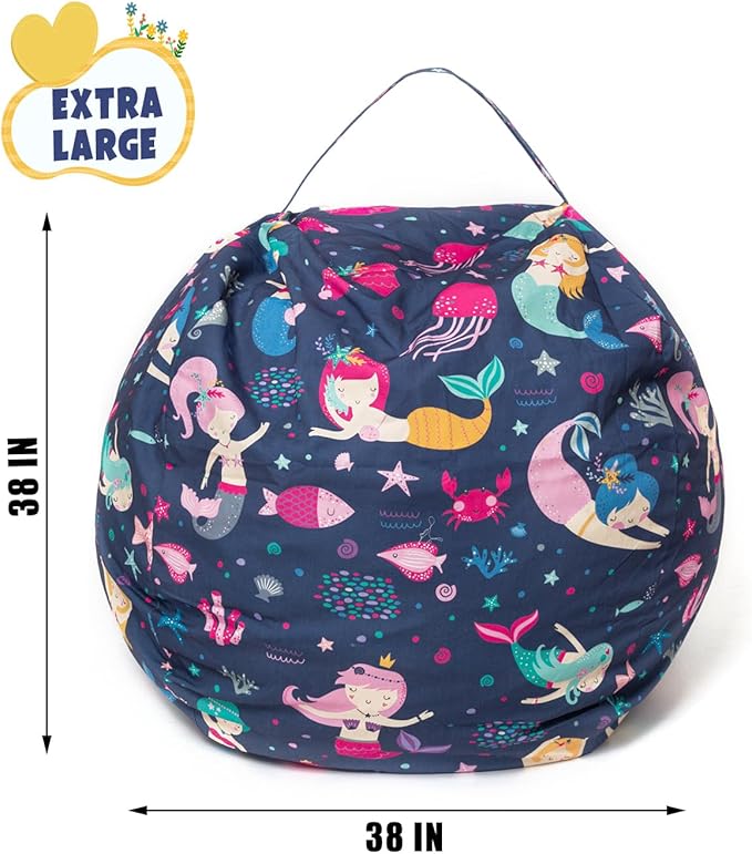 Stuffed Animal Storage Bean Bag Chair Cover, Hold Kids Plush Toys Blankets Towels Beanbag (Cover Only), Canvas Floor Circle Stuff Sit Seat Sofa with YKK Zipper, Extra Large 38", Mermaid - LeafyLoom