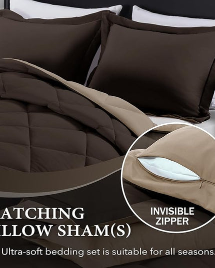downluxe Queen Comforter Set - Brown and Tan Queen Comforter, Soft Bedding Sets for All Seasons -3 Pieces - 1 Comforter (88"x92") and 2 Pillow Shams(20"x26") - LeafyLoom