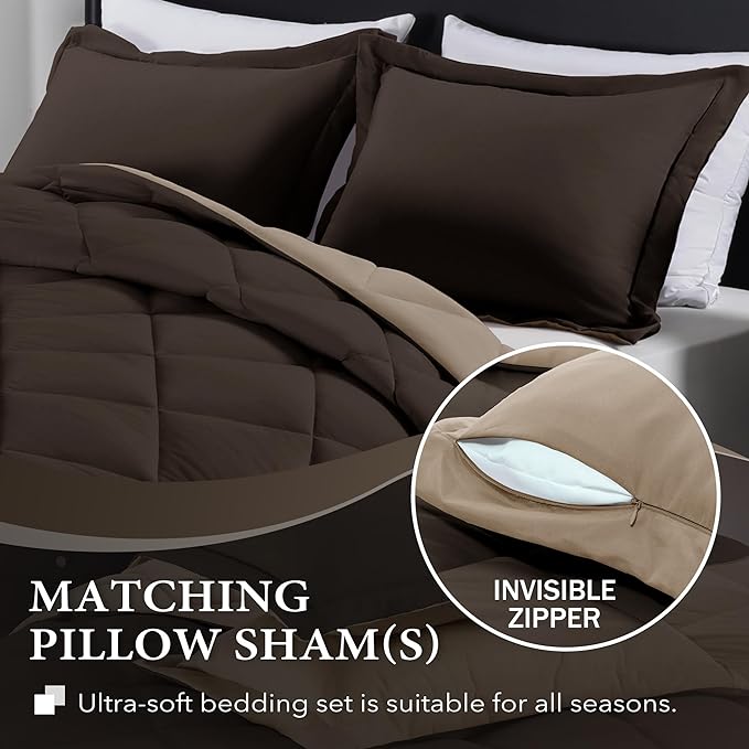 downluxe Queen Comforter Set - Brown and Tan Queen Comforter, Soft Bedding Sets for All Seasons -3 Pieces - 1 Comforter (88"x92") and 2 Pillow Shams(20"x26") - LeafyLoom