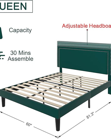 VECELO Queen Size Platform Bed Frame with Height Adjustable Upholstered Headboard, Modern Mattress Foundation,Strong Wood Slat Support, No Box Spring Needed, Easy Assembly - LeafyLoom