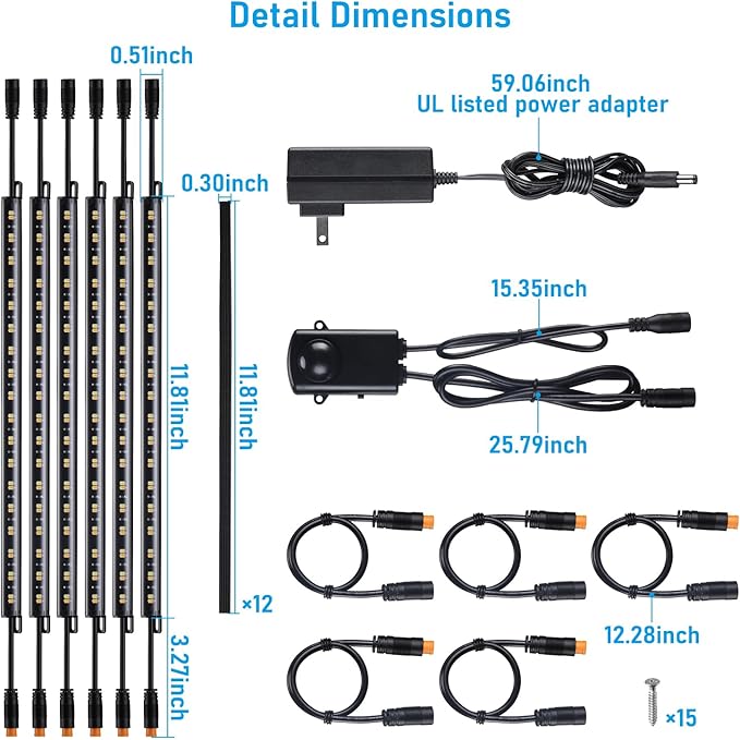TORCHSTAR LED Safe Lighting Kit 3CCT, (6) 12 Inch Linkable Light Bars, Motion Sensor, 3000K/4000K/5000K Selectable, 900LM Safe Light Kit for Gun Safe Under Cabinet Locker Closet, UL Power Adapter TORCHSTAR