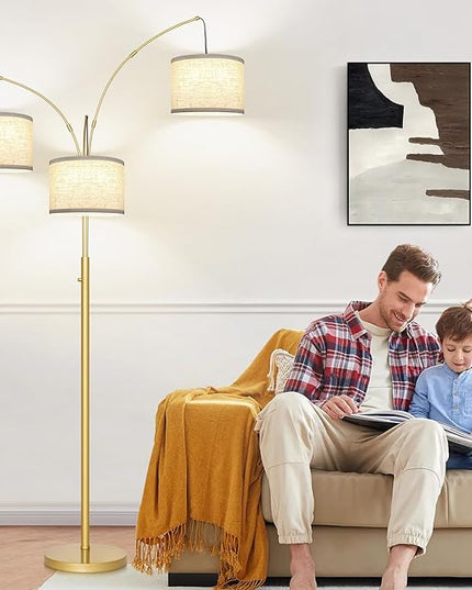 Nintiue Dimmable Floor Lamp - 3 Lights Gold Arc Floor Lamps for Living Room, 1000LM Modern Tall Standing Lamp with White Shades, Mid Century Tree Floor Lamp for Bedroom Office, 3 LED Bulbs Included - LeafyLoom