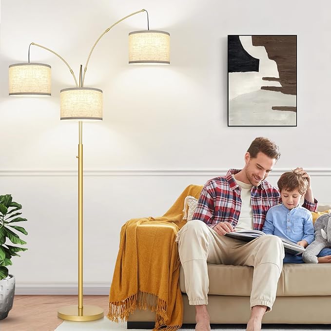 Nintiue Dimmable Floor Lamp - 3 Lights Gold Arc Floor Lamps for Living Room, 1000LM Modern Tall Standing Lamp with White Shades, Mid Century Tree Floor Lamp for Bedroom Office, 3 LED Bulbs Included - LeafyLoom