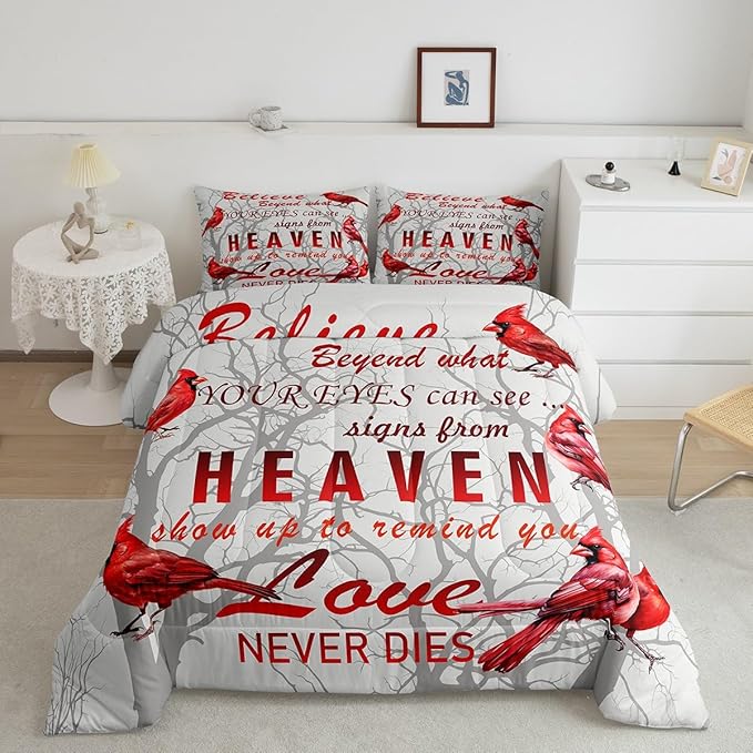 Cardinal Bird Comforter Set Full Size Farmhouse Red Birds Bedding Set for Girls Boys Women Men Tree Branches Decor Comforter Nature Comforter with 2 Pillow Case - LeafyLoom