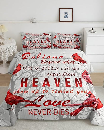 Cardinal Bird Comforter Set Queen Size Farmhouse Red Birds Bedding Set for Girls Boys Women Men Tree Branches Decor Comforter Nature Comforter with 2 Pillow Case - LeafyLoom