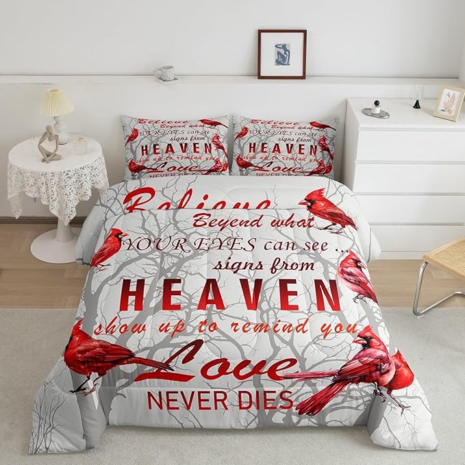Cardinal Bird Comforter Set Queen Size Farmhouse Red Birds Bedding Set for Girls Boys Women Men Tree Branches Decor Comforter Nature Comforter with 2 Pillow Case - LeafyLoom