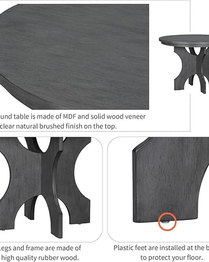 Retro 5 Piece Set with 44" Round Table with 1 Curved Bench & 3 Chairs, Rubber Wood, Easy Assembly and Clean, for Dining Room, Kitchen, Small Spcae, Grey 33 - LeafyLoom