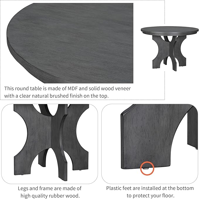 Retro 5 Piece Set with 44" Round Table with 1 Curved Bench & 3 Chairs, Rubber Wood, Easy Assembly and Clean, for Dining Room, Kitchen, Small Spcae, Grey 33 - LeafyLoom