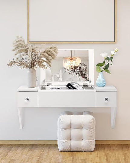 ALIMORDEN Floating Shelf with Mirror and Drawer,Floating Drawer for Bathroom, White Wall Mounted Desk,Pull Out Drawer, 31 inches Surface, Floating Wall Desk, Hanging Desk, White - LeafyLoom