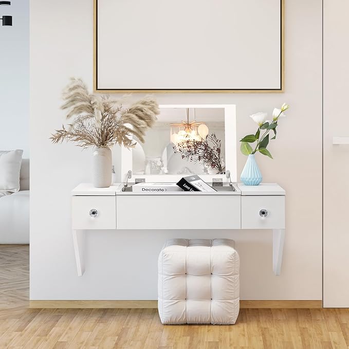 ALIMORDEN Floating Shelf with Mirror and Drawer,Floating Drawer for Bathroom, White Wall Mounted Desk,Pull Out Drawer, 31 inches Surface, Floating Wall Desk, Hanging Desk, White - LeafyLoom