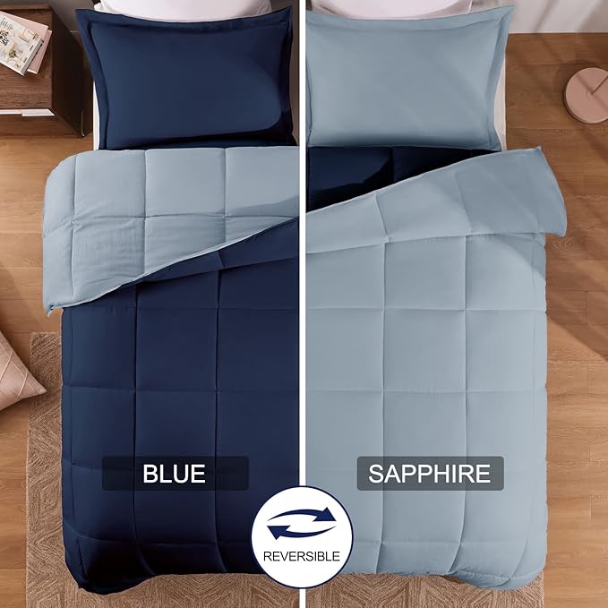 Basic Beyond Queen Comforter Set - Fluffy Comforter Queen Set for All Seasons - Reversible Blue Comforter Set Queen for Mens - 3 Pieces (1 Comforter + 2 Pillow Shams) - Blue/Sapphire - LeafyLoom