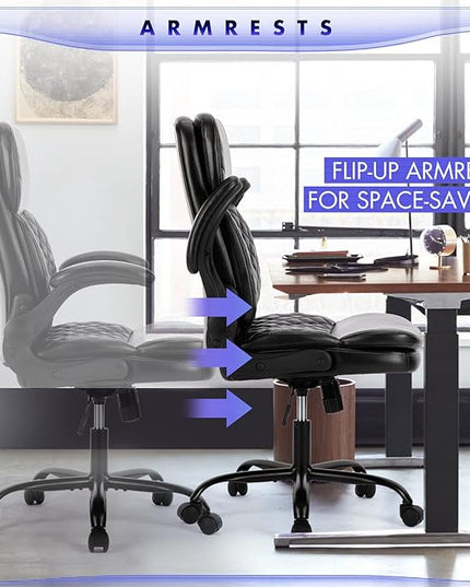 COLAMY Home Office Chair 275LBS Executive Leather OfficeChair with Padded Flip-up Arms, Adjustable Height and Tilt Lock, Tufted Black - LeafyLoom
