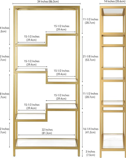 Henn&Hart 68" Tall Rectangular Bookcase in Brass, for Home Office, Living Room - LeafyLoom
