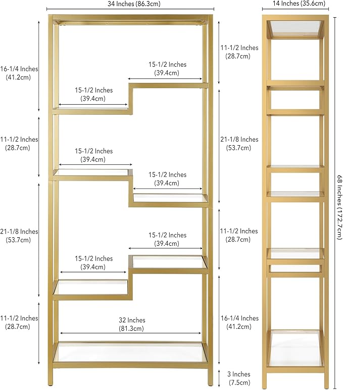 Henn&Hart 68" Tall Rectangular Bookcase in Brass, for Home Office, Living Room - LeafyLoom