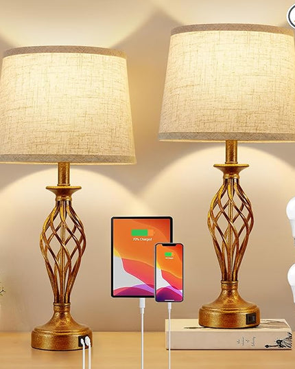 Table Lamp for Bedroom Set of 2 with USB C+A Ports - Modern Gold Bedside Lamps with Spiral Cage Base Fabric Shade - Nightstand Lamp for Living Room Reading Bed Side End Table 2 LED Bulbs Included - LeafyLoom